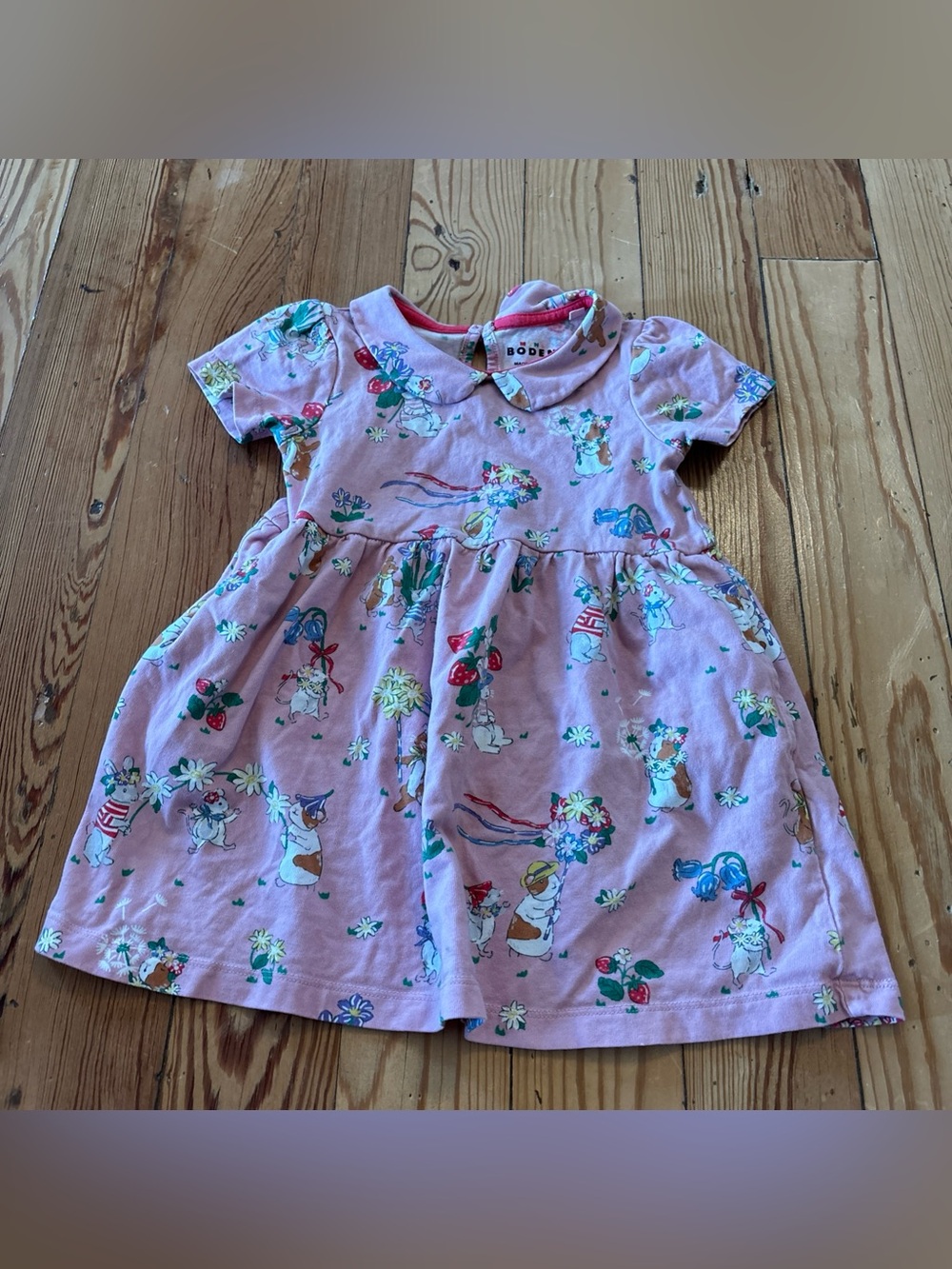 Baby Boden Girls Coral Pink Bunny Rabbit Dress Peter Pan Collar 2-3Y Guinea